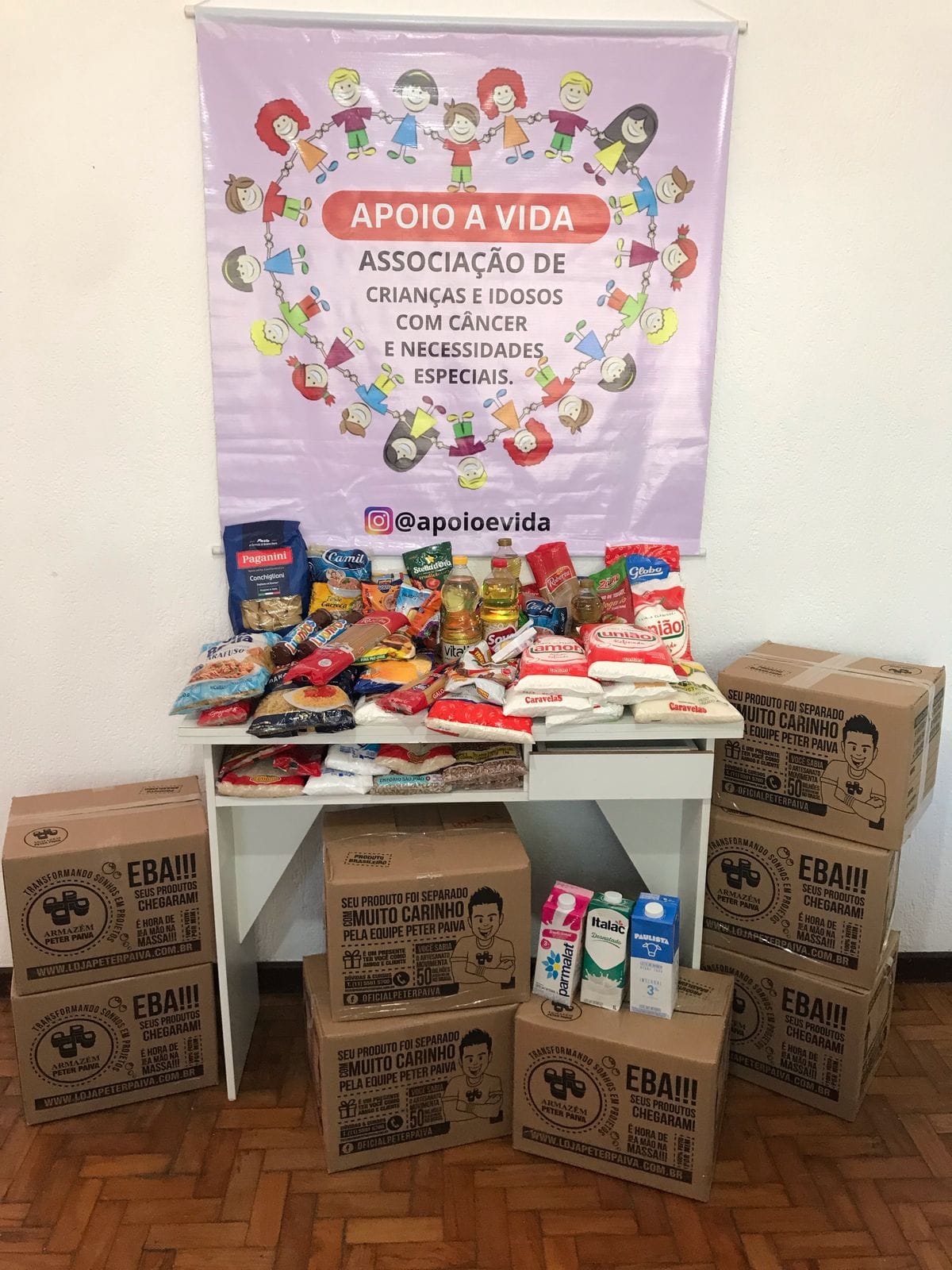 Doações organizadas para entrega às famílias assistidas pela Apoio à Vida